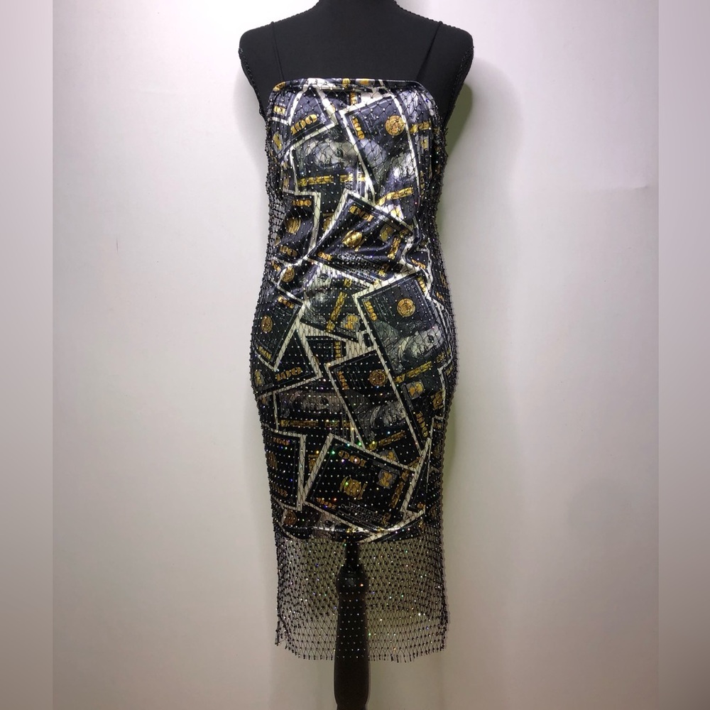 AKIRA Black Gold Rhinestone Midi Large Dress